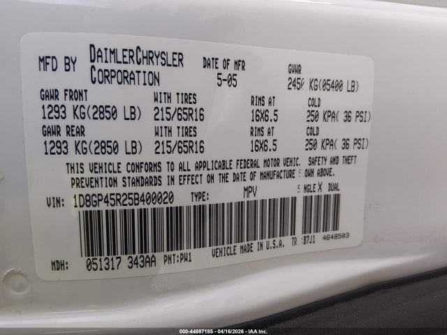 Aukcja sprzedaży 2005 Dodge Caravan Sxt, vin: 1D8GP45R25B400020, numer aukcji: 44887185