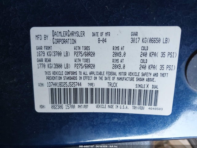 Продажа на аукционе авто 2005 Dodge Ram 1500 Slt/laramie, vin: 1D7HA18D25J525744, номер лота: 44887197