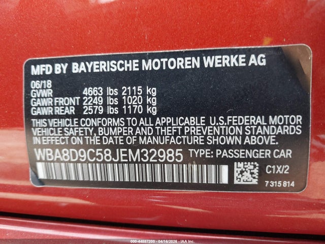 44887200 :رقم المزاد ، WBA8D9C58JEM32985 vin ، 2018 Bmw 330i Xdrive مزاد بيع