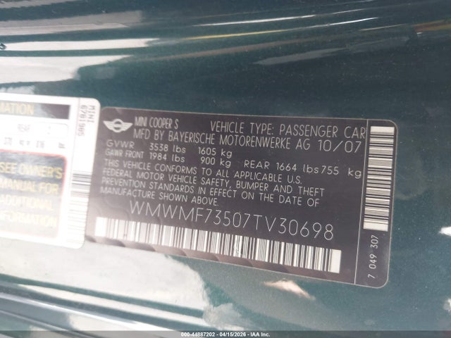 2007 MINI COOPER S WMWMF73507TV30698 Photo 8
