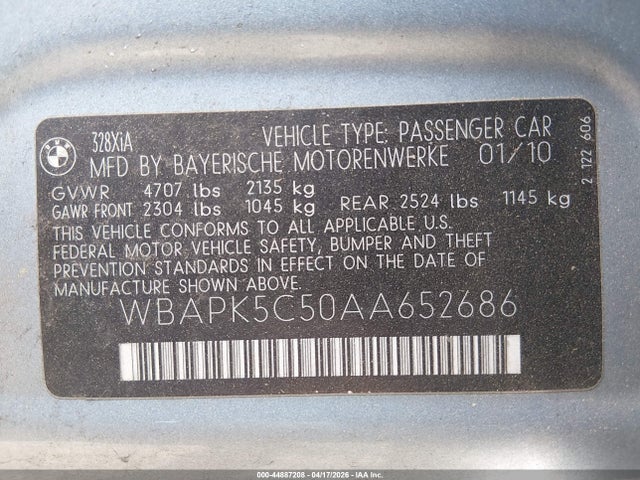 Aukcja sprzedaży 2010 Bmw 328i Xdrive, vin: WBAPK5C50AA652686, numer aukcji: 44887208
