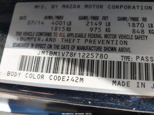 44887214 :رقم المزاد ، JM1BM1V78F1225780 vin ، 2015 Mazda Mazda3 I Touring مزاد بيع
