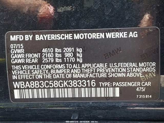 Aukcja sprzedaży 2016 Bmw 340i, vin: WBA8B3C58GK383316, numer aukcji: 44887215