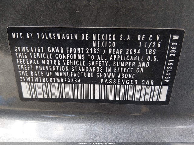 44887217 :رقم المزاد ، 3VW7W7BU8TM023384 vin ، 2026 Volkswagen Jetta Se مزاد بيع