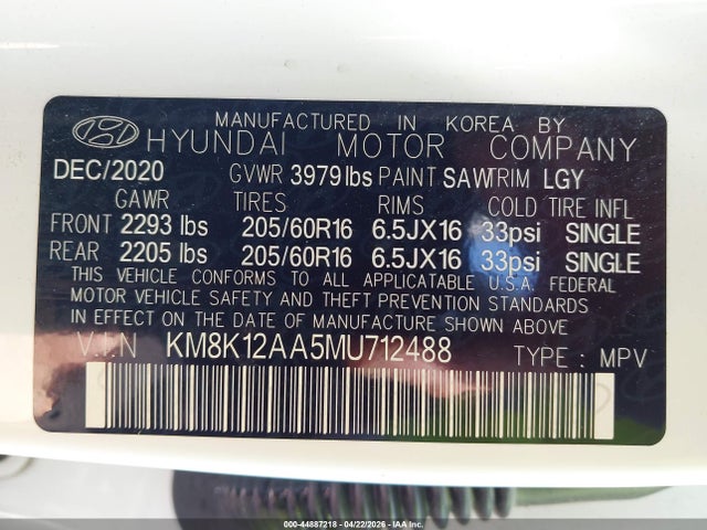 Aukcja sprzedaży 2021 Hyundai Kona Se, vin: KM8K12AA5MU712488, numer aukcji: 44887218