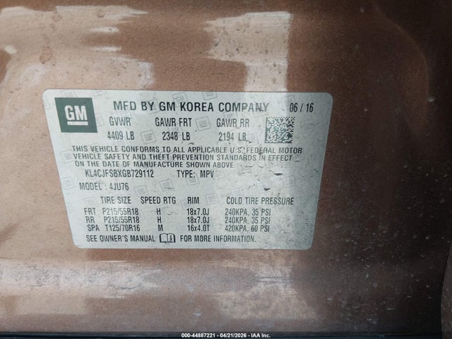 Продаж на аукціоні авто 2016 Buick Encore Convenience, vin: KL4CJFSBXGB729112, номер лоту: 44887221