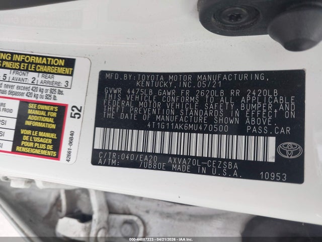 2021 Toyota Camry Se მანქანა იყიდება აუქციონზე, vin: 4T1G11AK6MU470500, აუქციონის ნომერი: 44887223