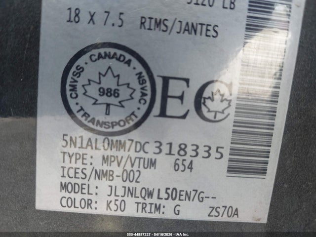 44887227 :رقم المزاد ، 5N1AL0MM7DC318335 vin ، 2013 Infiniti Jx35 مزاد بيع