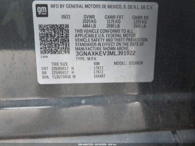 Aukcja sprzedaży 2021 Chevrolet Equinox Fwd Lt, vin: 3GNAXKEV3ML391922, numer aukcji: 44887229