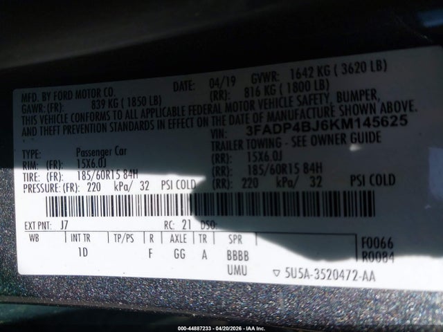 44887233 :رقم المزاد ، 3FADP4BJ6KM145625 vin ، 2019 Ford Fiesta Se مزاد بيع