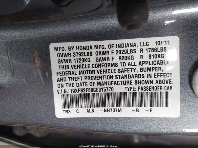 2012 Honda Civic Ex მანქანა იყიდება აუქციონზე, vin: 19XFB2F80CE015770, აუქციონის ნომერი: 44887245