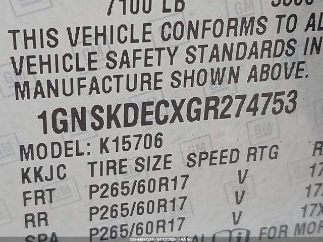 44887250 :رقم المزاد ، 1GNSKDECXGR274753 vin ، 2016 Chevrolet Tahoe Commercial Fleet مزاد بيع