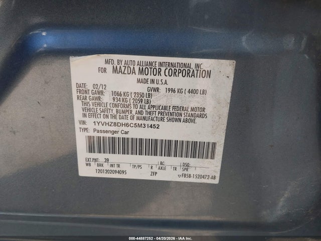 44887252 :رقم المزاد ، 1YVHZ8DH6C5M31452 vin ، 2012 Mazda Mazda6 I Touring مزاد بيع