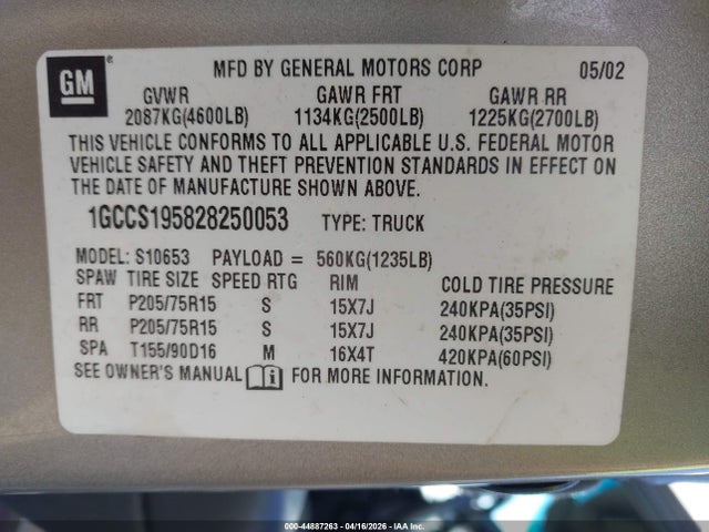 Продаж на аукціоні авто 2002 Chevrolet S-10 Ls, vin: 1GCCS195828250053, номер лоту: 44887263