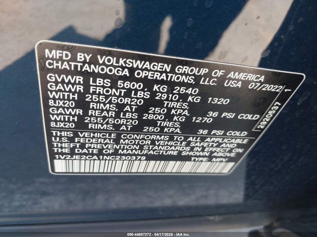 1V2JE2CA1NC230379 Volkswagen Atlas Cross Sport 3.6l V6 Se W/technology