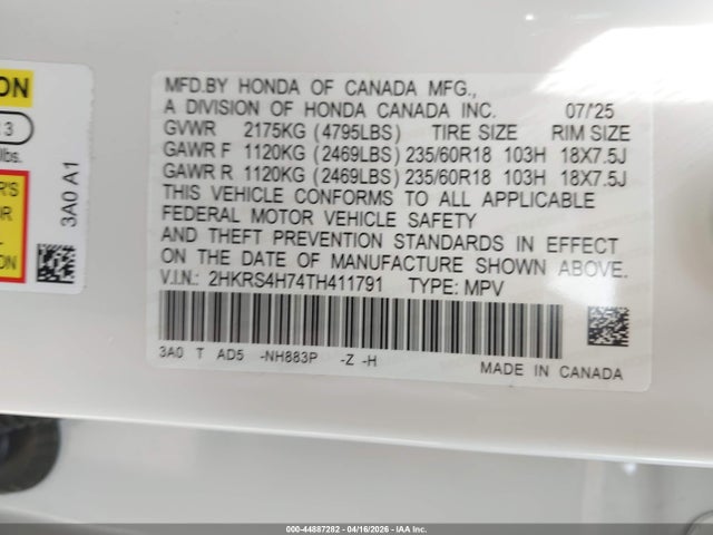 Продажа на аукционе авто 2026 Honda Cr-v Ex-l Awd, vin: 2HKRS4H74TH411791, номер лота: 44887282