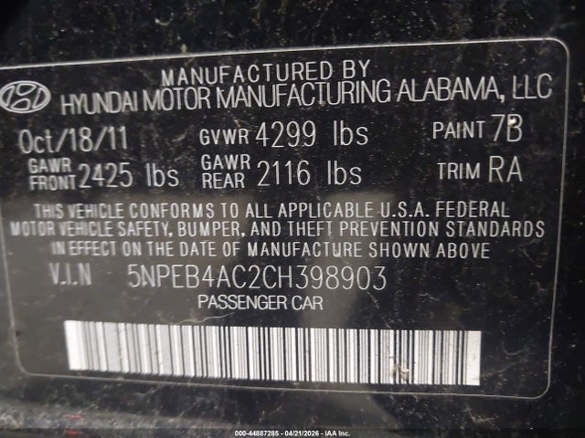 Продаж на аукціоні авто 2012 Hyundai Sonata Gls, vin: 5NPEB4AC2CH398903, номер лоту: 44887285