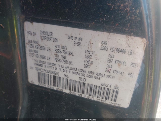 1998 Dodge Ram 1500 St მანქანა იყიდება აუქციონზე, vin: 3B7HC12Y3WM258201, აუქციონის ნომერი: 44887287