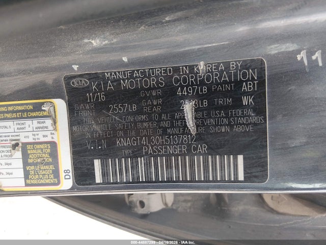 KNAGT4L30H5137812 KIA Optima Lx