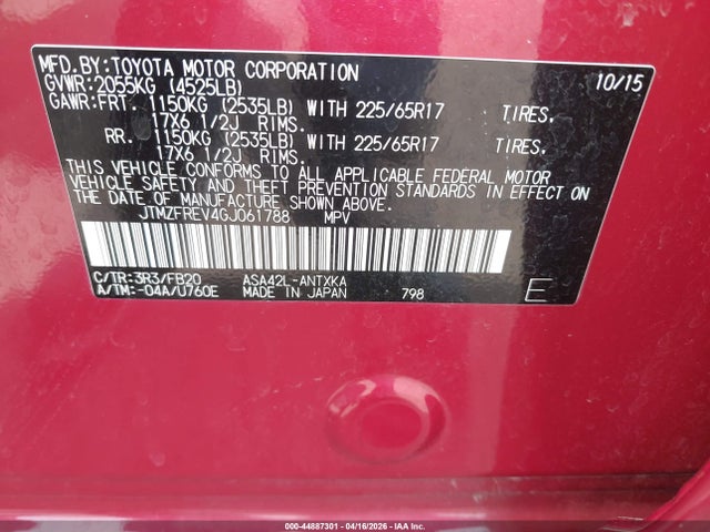 JTMZFREV4GJ061788 Toyota RAV4 LE