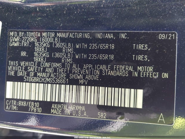 5TDGBRCH2MS536661 Toyota Highlander Hybrid Xle