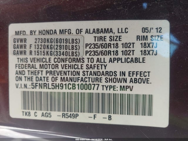 2012 HONDA ODYSSEY 5FNRL5H91CB100077 Photo 8