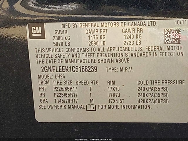 44887321 :رقم المزاد ، 2GNFLEEK1C6168239 vin ، 2012 Chevrolet Equinox 1lt مزاد بيع