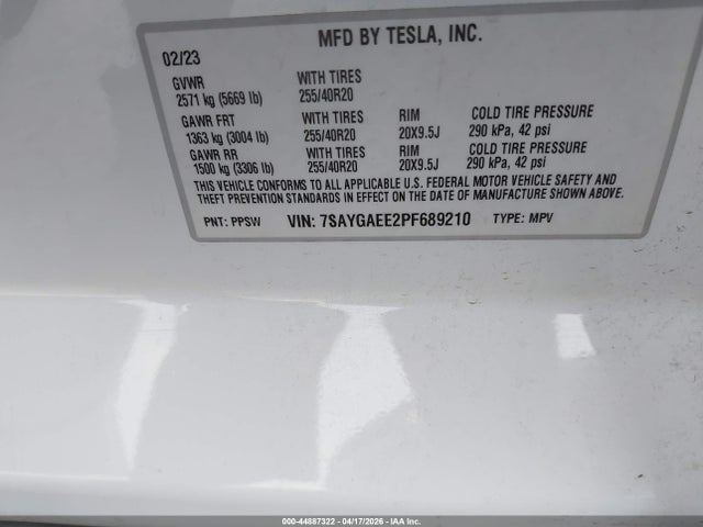 Продажа на аукционе авто 2023 Tesla Model Y, vin: 7SAYGAEE2PF689210, номер лота: 44887322