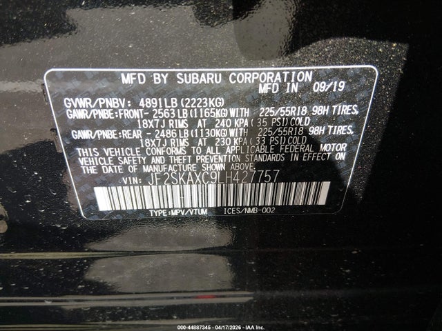 Продаж на аукціоні авто 2020 Subaru Forester Touring, vin: JF2SKAXC9LH427757, номер лоту: 44887345