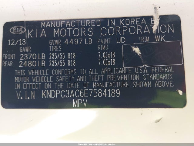 Продажа на аукционе авто 2014 Kia Sportage Ex, vin: KNDPC3AC6E7584189, номер лота: 44887346