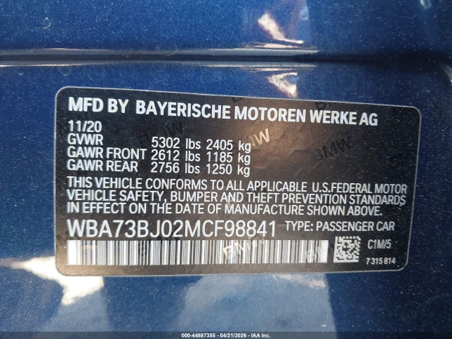 2021 Bmw 540i Xdrive მანქანა იყიდება აუქციონზე, vin: WBA73BJ02MCF98841, აუქციონის ნომერი: 44887355