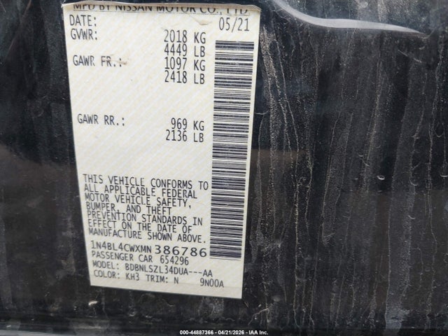 44887366 :رقم المزاد ، 1N4BL4CWXMN386786 vin ، 2021 Nissan Altima Sr Intelligent Awd مزاد بيع