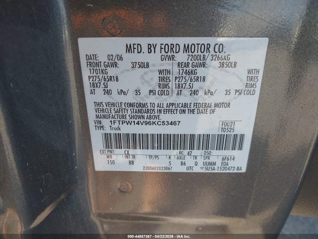 44887367 :رقم المزاد ، 1FTPW14V96KC53467 vin ، 2006 Ford F-150 Fx4/lariat/xlt مزاد بيع
