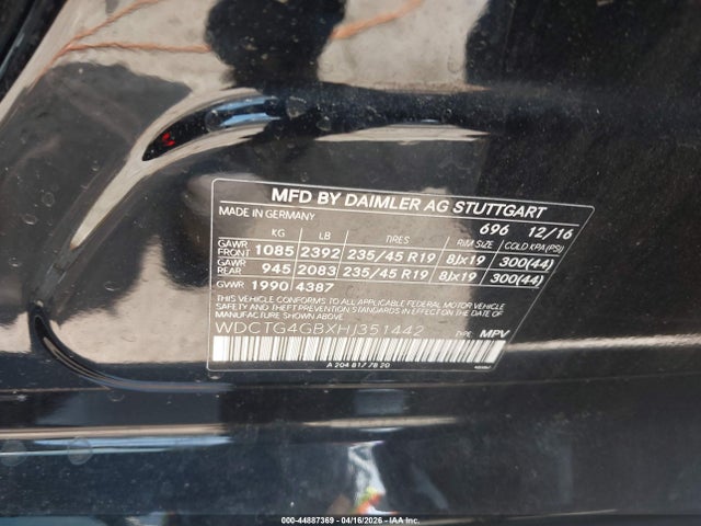 44887369 :رقم المزاد ، WDCTG4GBXHJ351442 vin ، 2017 Mercedes-benz Gla 250 4matic مزاد بيع