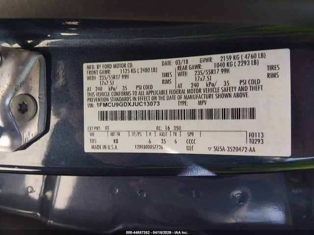 44887382 :رقم المزاد ، 1FMCU9GDXJUC13073 vin ، 2018 Ford Escape Se مزاد بيع