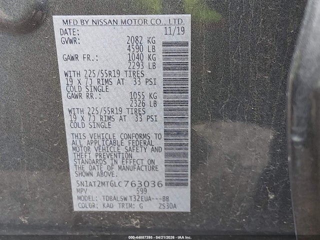 2020 Nissan Rogue Sl Fwd მანქანა იყიდება აუქციონზე, vin: 5N1AT2MT6LC763036, აუქციონის ნომერი: 44887395
