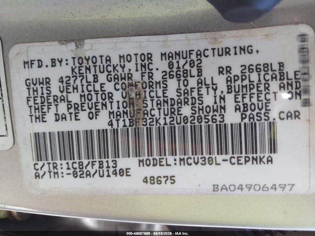 2002 Toyota Camry Le V6 მანქანა იყიდება აუქციონზე, vin: 4T1BF32K12U020563, აუქციონის ნომერი: 44887400