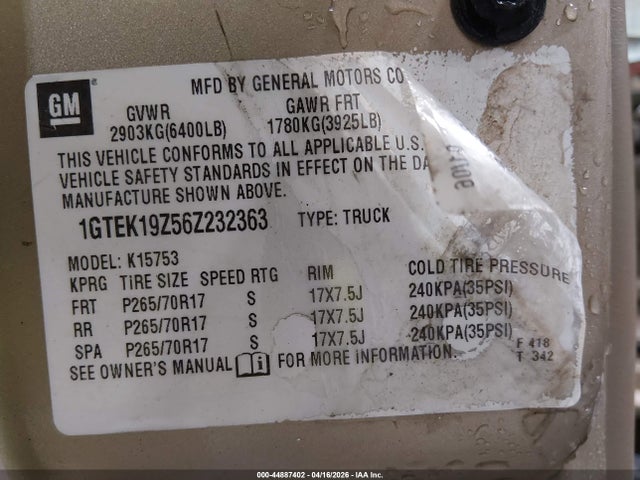 44887402 :رقم المزاد ، 1GTEK19Z56Z232363 vin ، 2006 Gmc Sierra 1500 Sle1 مزاد بيع