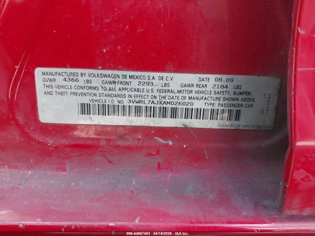 44887403 :رقم المزاد ، 3VWRL7AJXAM026020 vin ، 2010 Volkswagen Jetta Tdi مزاد بيع