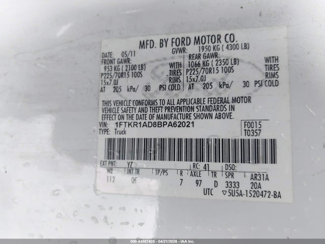 44887405 :رقم المزاد ، 1FTKR1AD8BPA62021 vin ، 2011 Ford Ranger Xl مزاد بيع