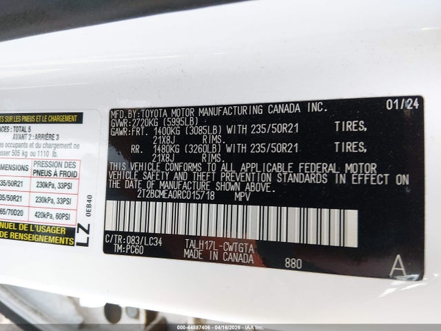 44887406 :رقم المزاد ، 2T2BCMEA0RC015718 vin ، 2024 Lexus Rx 500h F Sport Performance مزاد بيع
