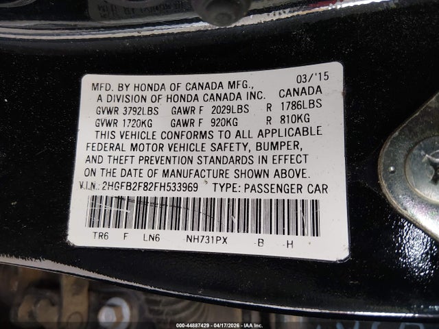 Honda CIVIC EX 2015 2HGFB2F82FH533969 Image 9