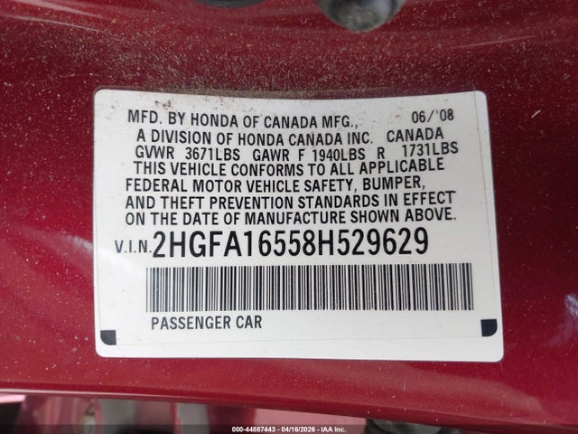 Aukcja sprzedaży 2008 Honda Civic Lx, vin: 2HGFA16558H529629, numer aukcji: 44887443