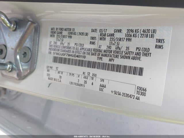 Aukcja sprzedaży 2017 Ford Escape S, vin: 1FMCU0F79HUD40110, numer aukcji: 44887473