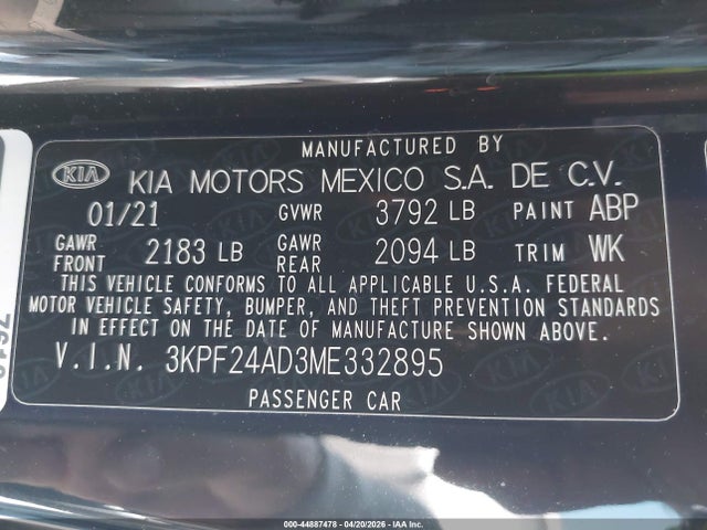Продаж на аукціоні авто 2021 Kia Forte Lxs, vin: 3KPF24AD3ME332895, номер лоту: 44887478