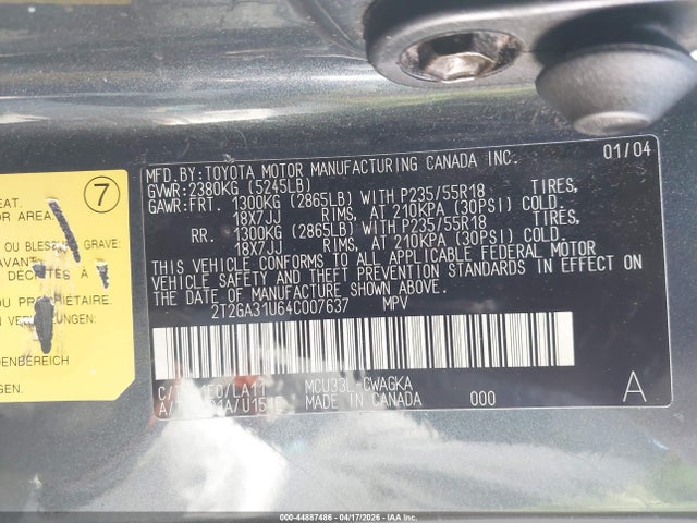 44887486 :رقم المزاد ، 2T2GA31U64C007637 vin ، 2004 Lexus Rx 330 مزاد بيع