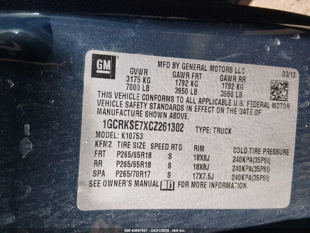 44887507 :رقم المزاد ، 1GCRKSE7XCZ261302 vin ، 2012 Chevrolet Silverado 1500 Lt مزاد بيع