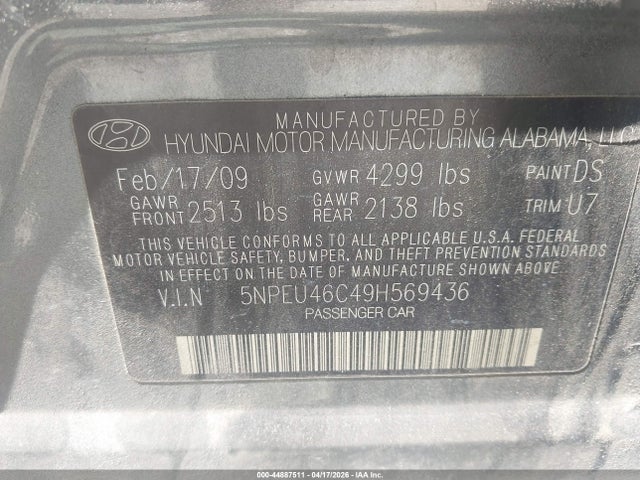2009 Hyundai Sonata Limited მანქანა იყიდება აუქციონზე, vin: 5NPEU46C49H569436, აუქციონის ნომერი: 44887511