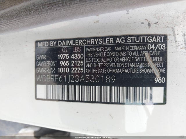 Aukcja sprzedaży 2003 Mercedes-benz C 240, vin: WDBRF61J23A530189, numer aukcji: 44887520