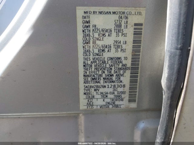 Aukcja sprzedaży 2006 Nissan Quest 3.5 S, vin: 5N1BV28U26N128308, numer aukcji: 44887522